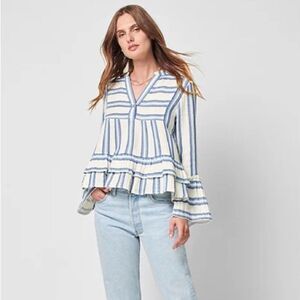 Faherty Vida Baja Stripe Cotton Blouse Shirt Top White Blue Stripe Small cotton